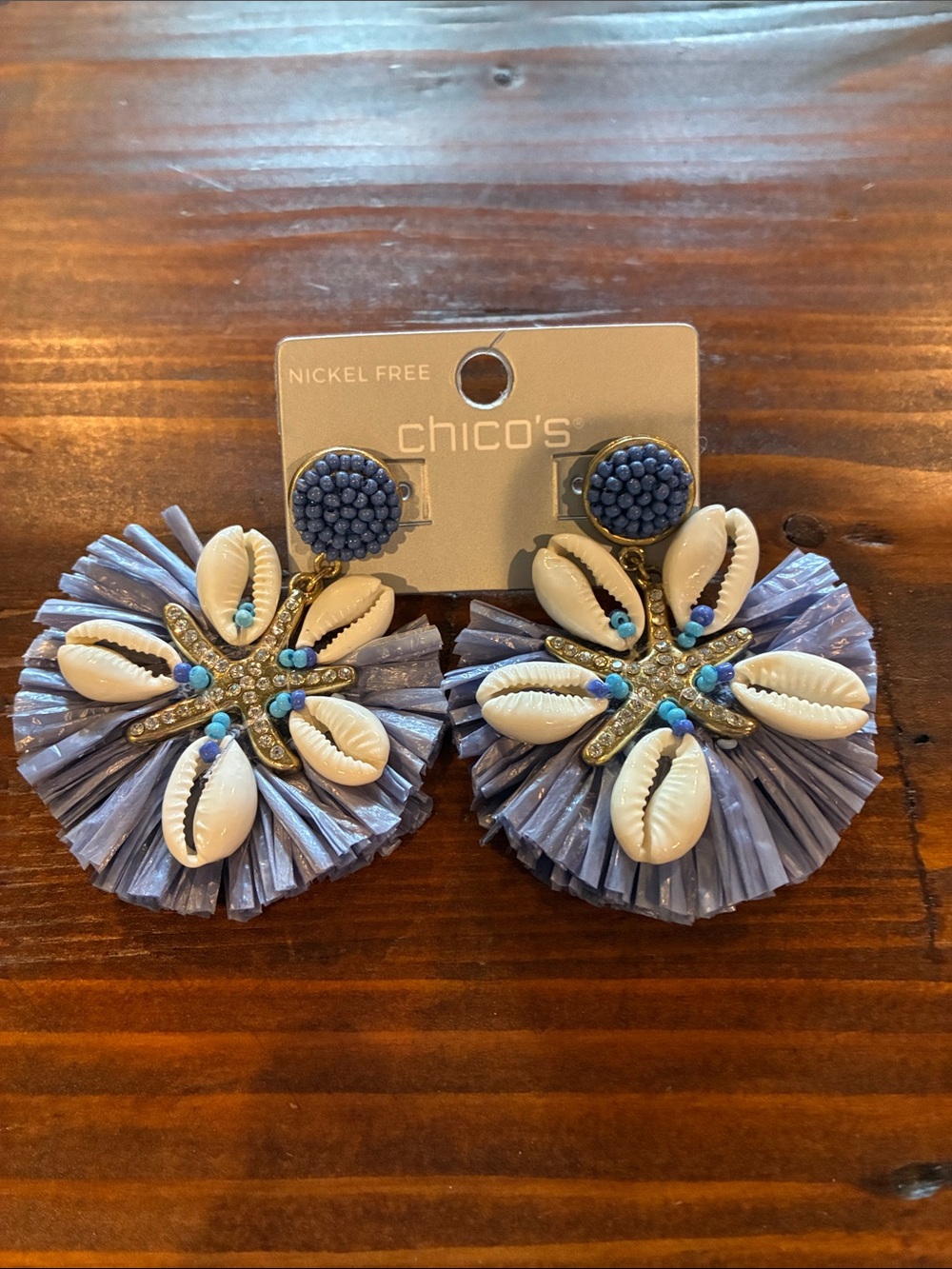 Chico's Lavender and White Shell Raffia Statement Earrings
